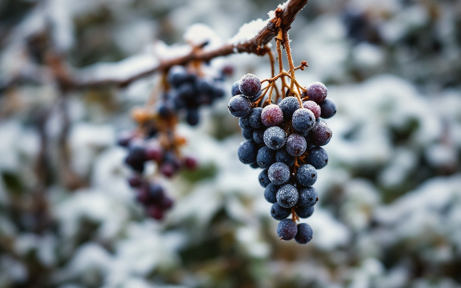Frozen bunches hanging under snow