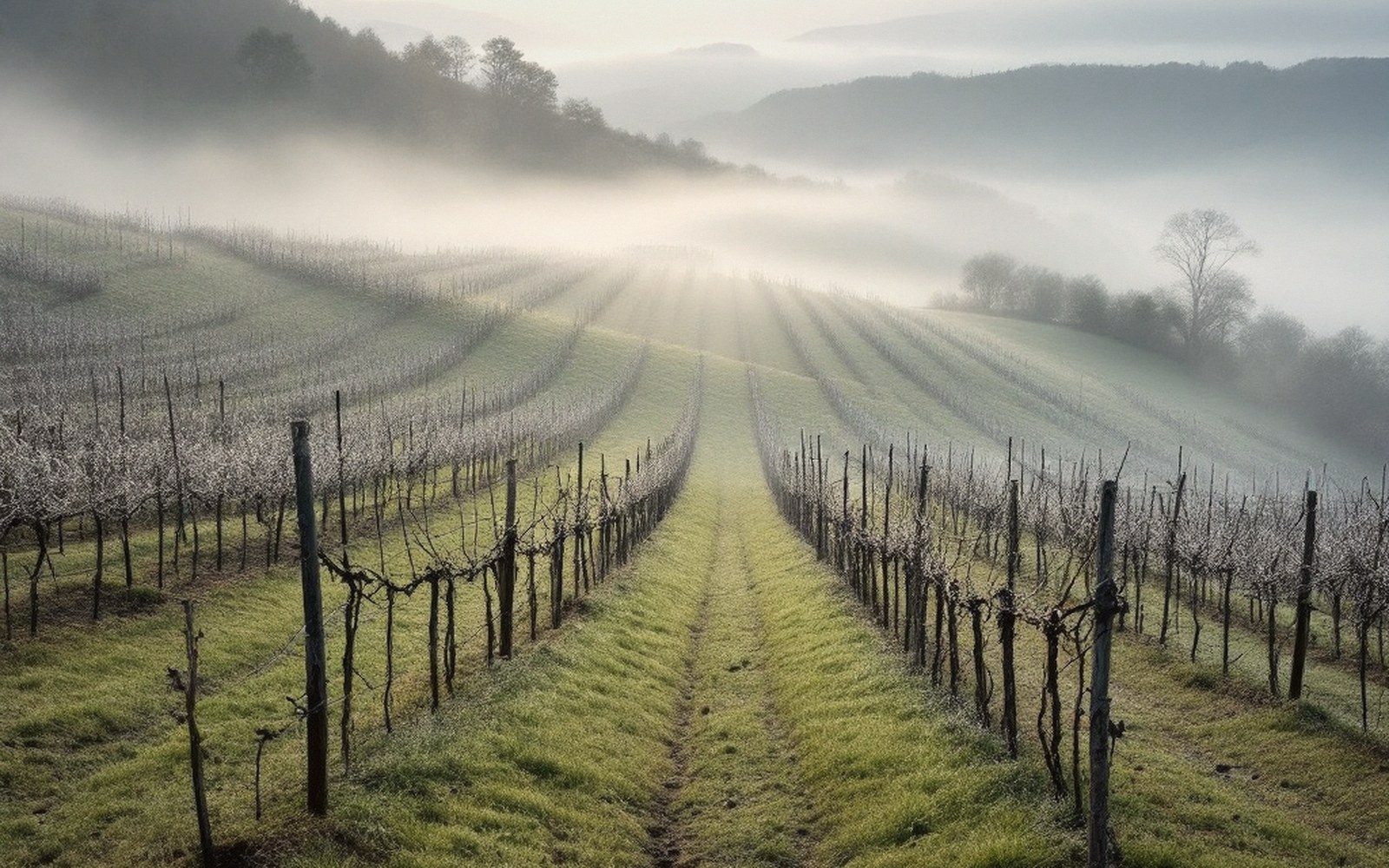 Rows of bare vineyard vines climb misty hillsides at dawn