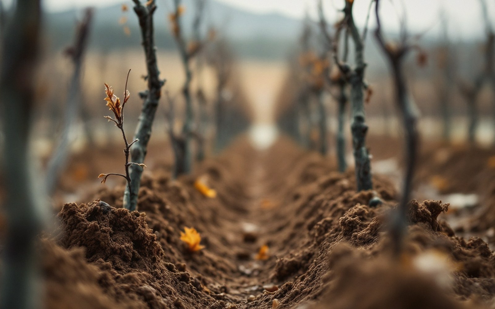 Bare grapevine trunks emerge from mounded soil in a plowed vineyard row