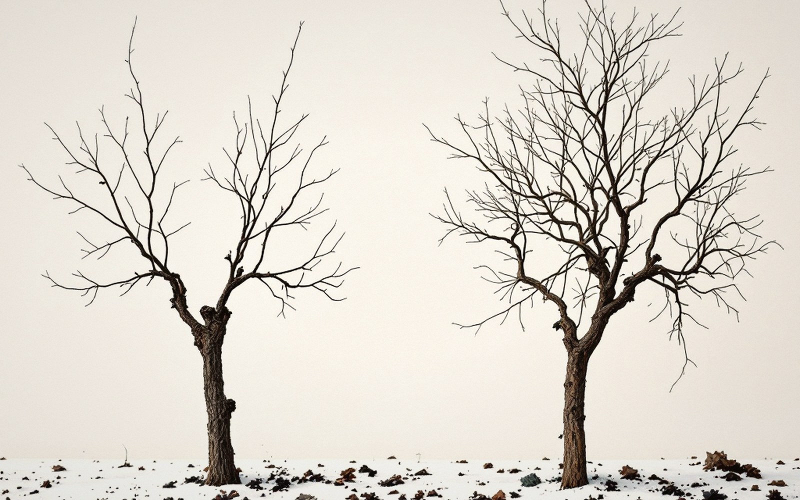 Two bare, leafless trees stand side by side against a plain pale background