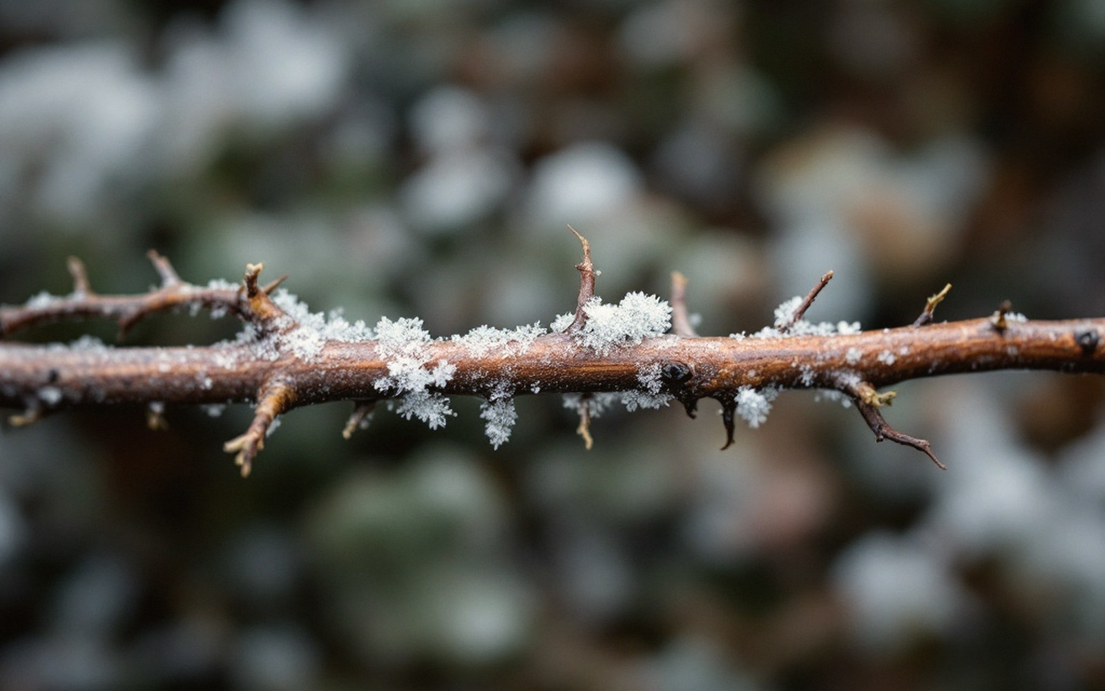 Frost crystals cling to a thorny branch with snow-dusted foliage blurred behind it