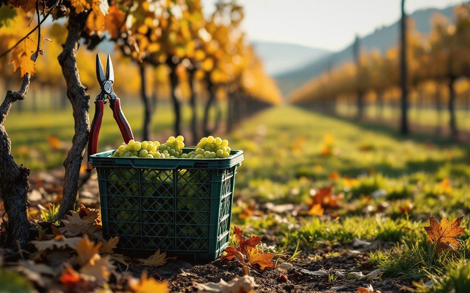 Pruning shears rest on a crate of harvested white grapes between vineyard rows in autumn