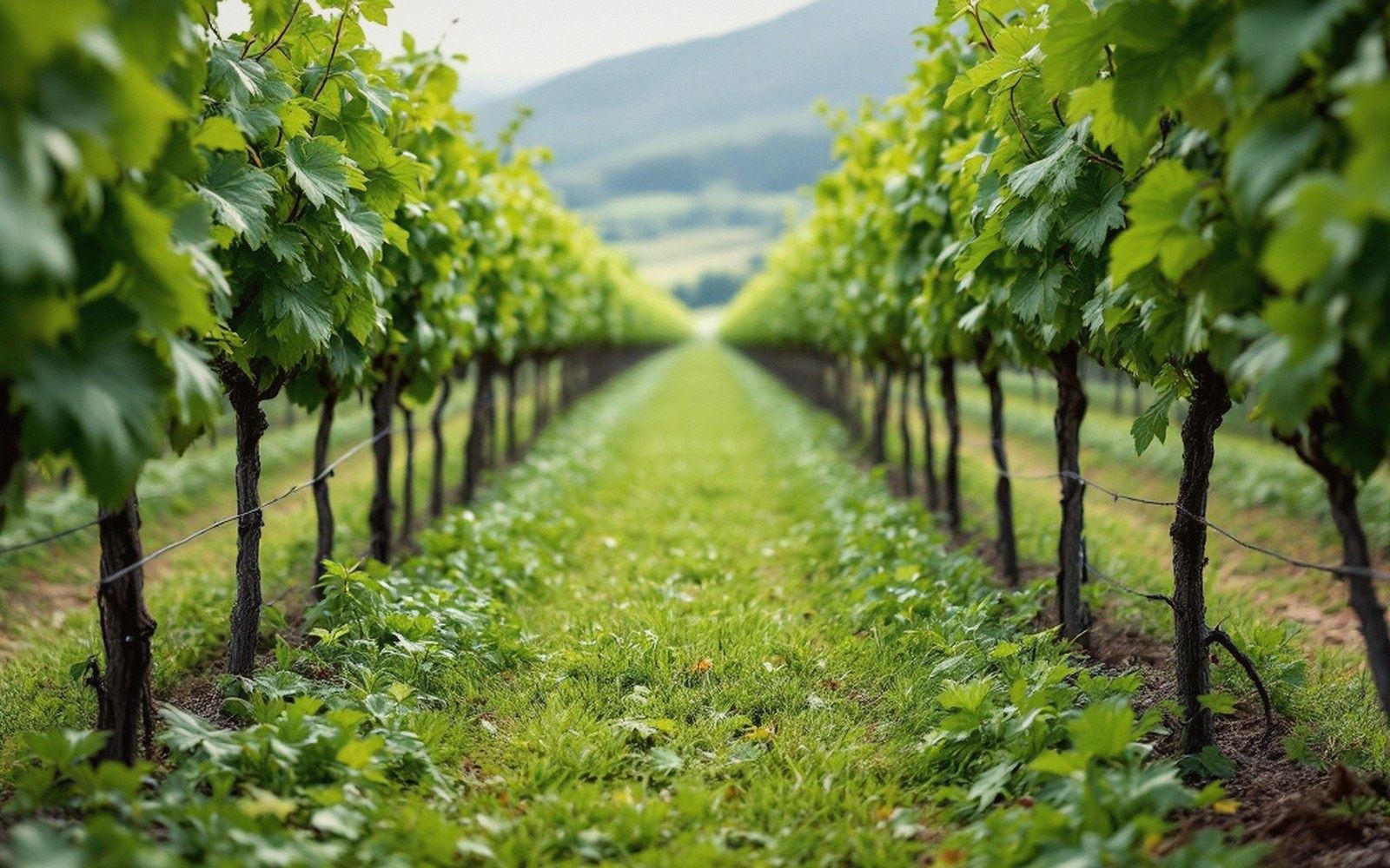 Rows of leafy grapevines stretch toward hazy hills with grass growing between the vines