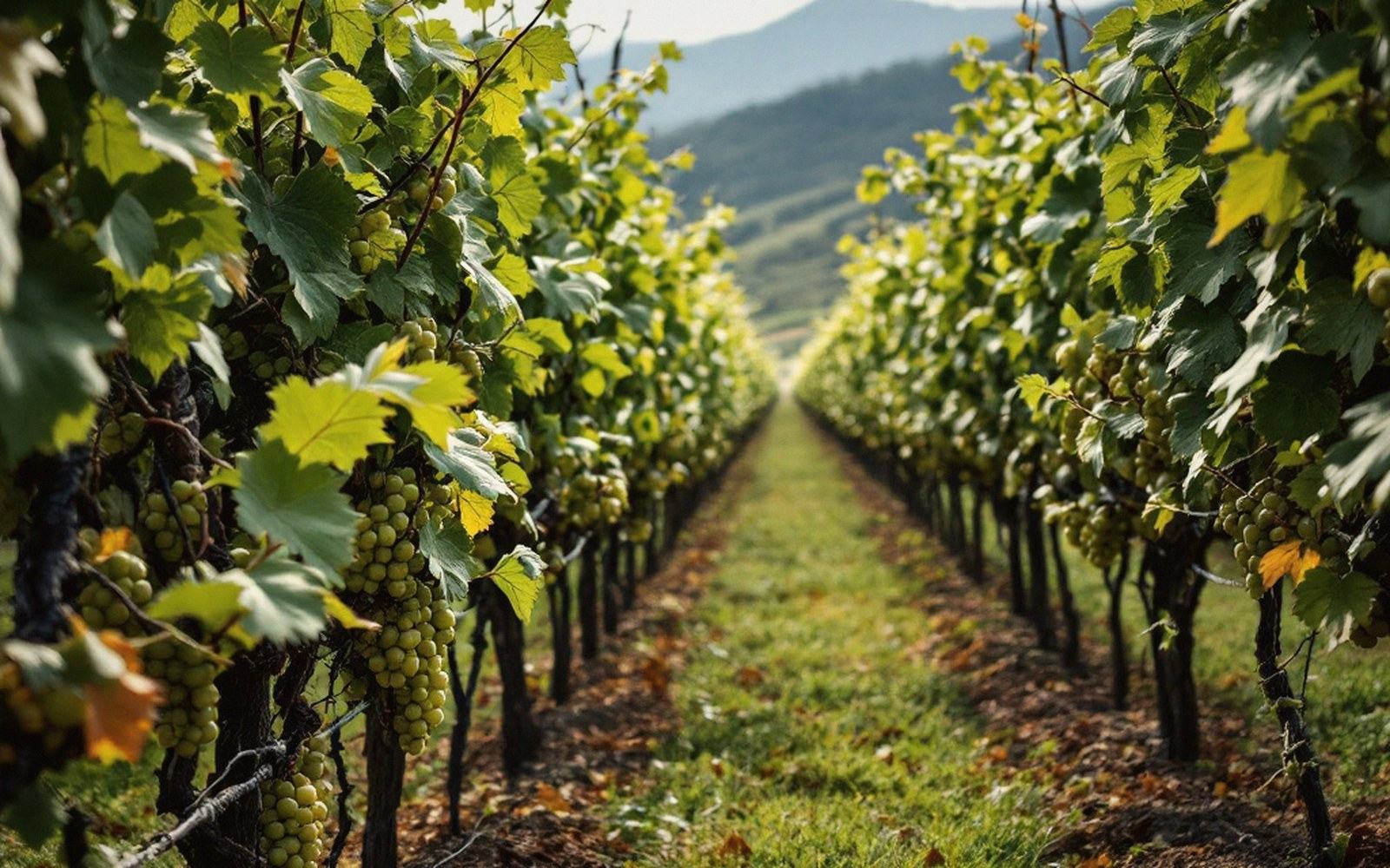 Rows of grapevines heavy with clusters lead toward misty hills in the distance