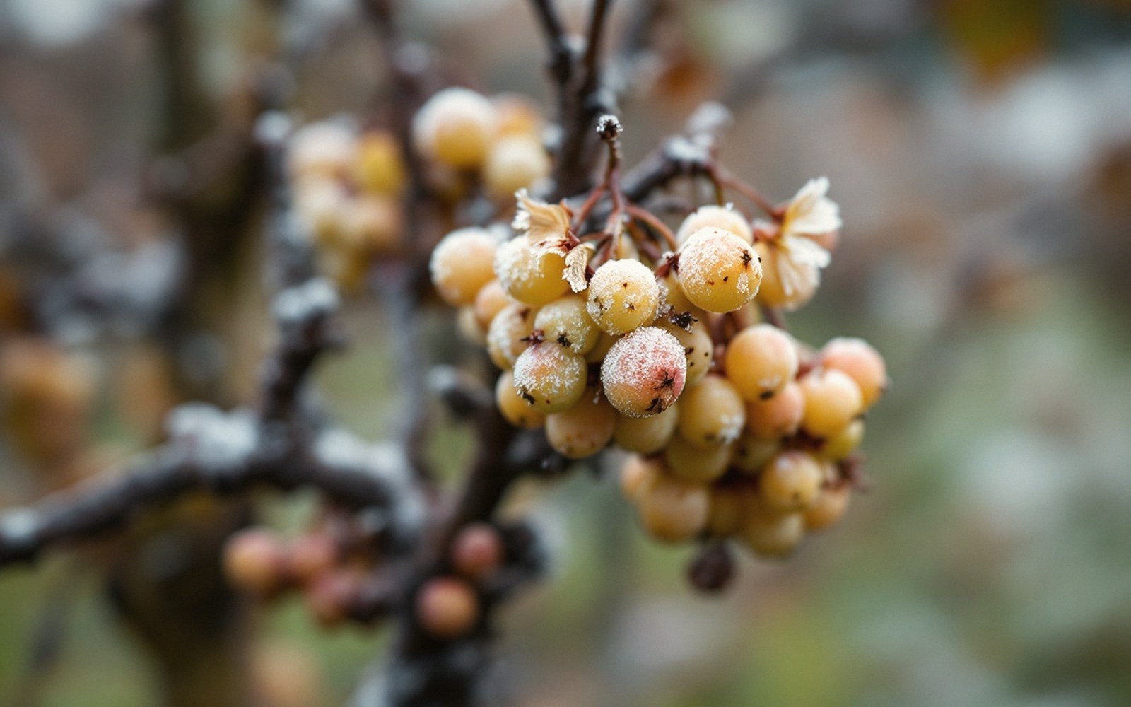 Frost-covered grape clusters hang on a bare vine