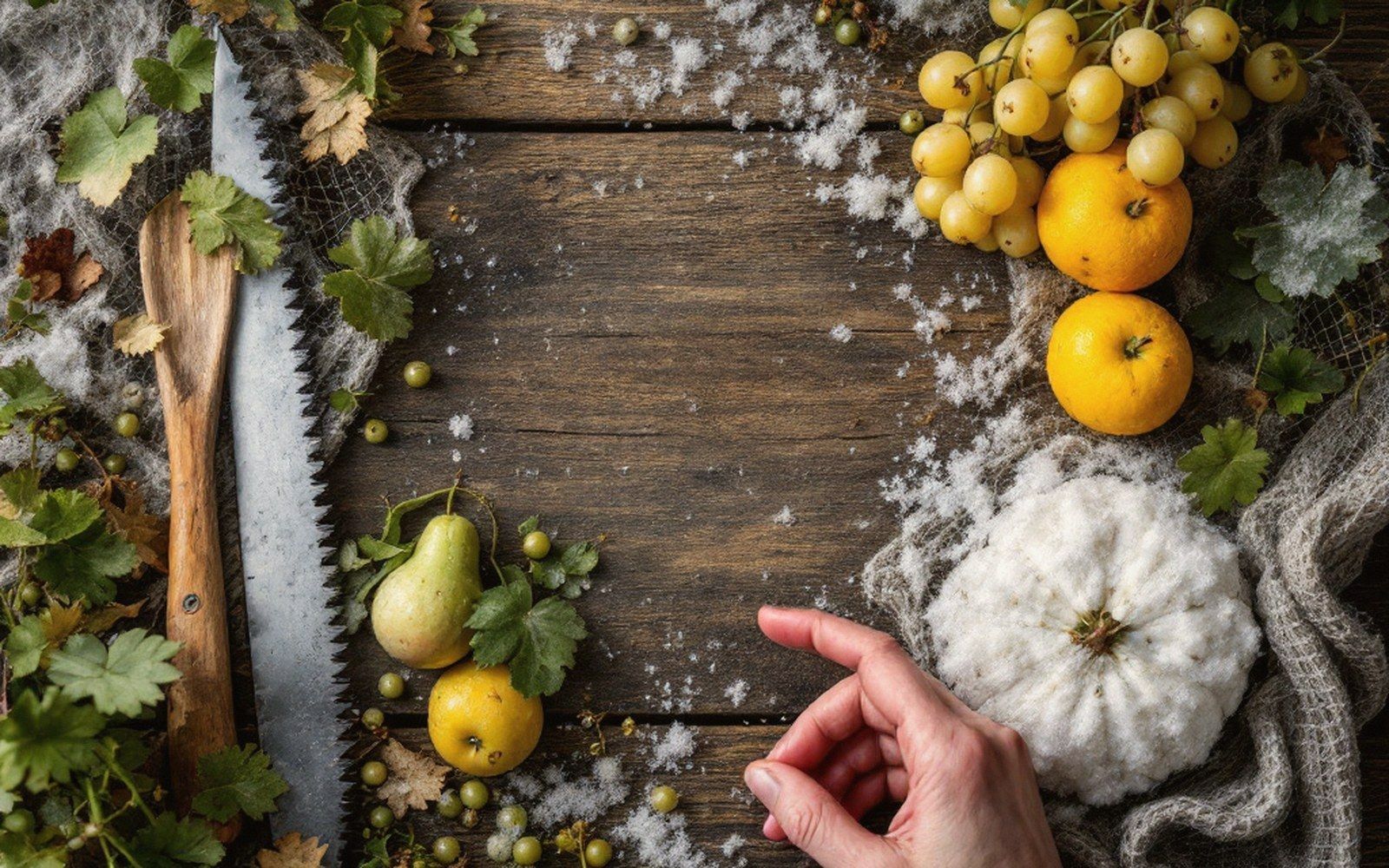 A hand reaches toward a white pumpkin surrounded by grapes, oranges, pears, and a saw on wood