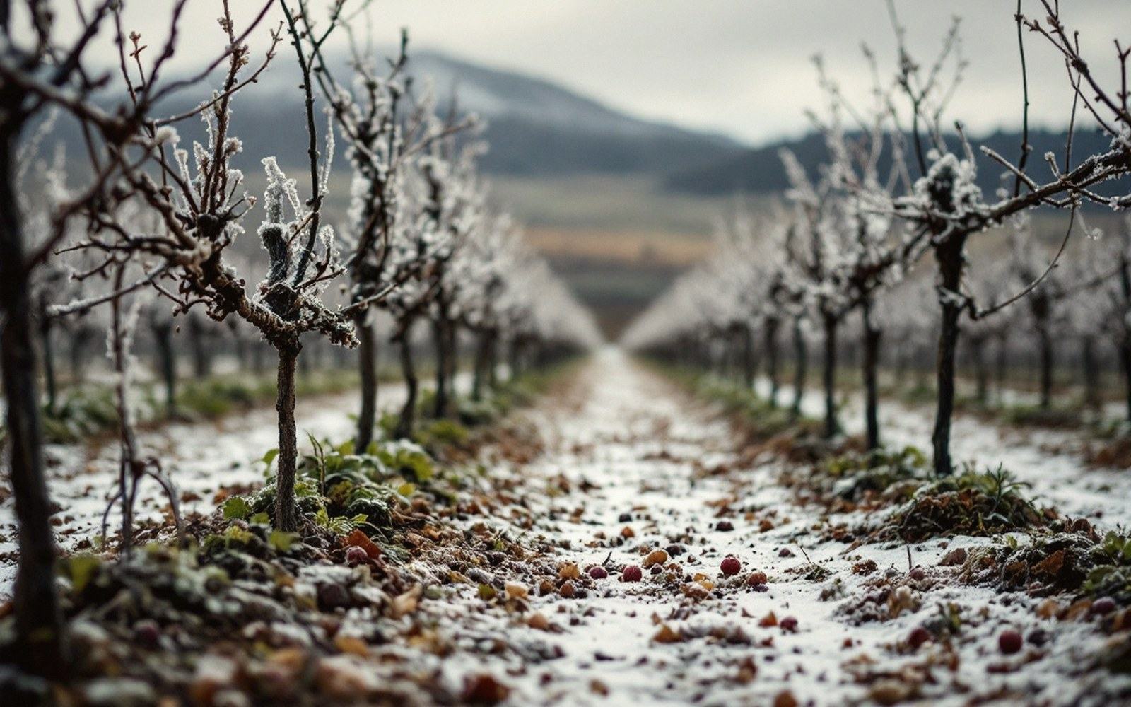 Frost-covered vineyard rows with bare vines and fallen grapes leading toward distant hills