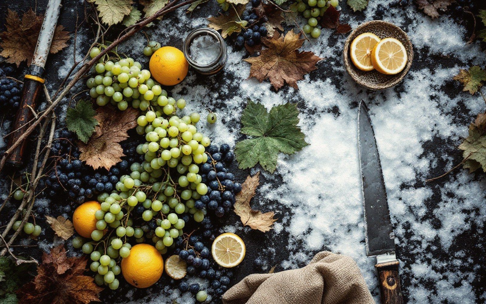 Grapes, oranges and lemons scattered with dried leaves on a frost-dusted dark surface beside a knife