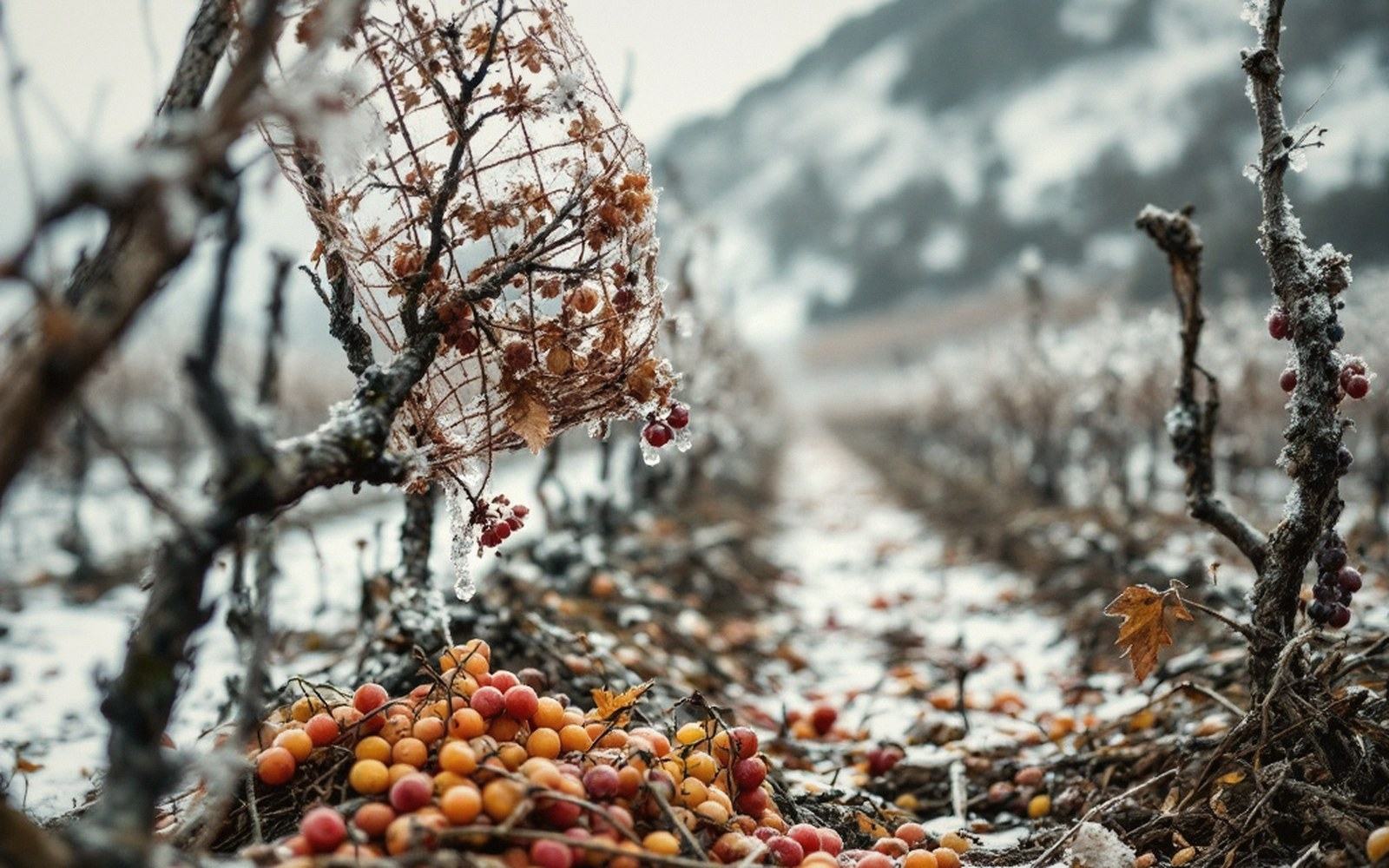 Frost-covered grapevines with netting and fallen shriveled grapes on snowy vineyard ground
