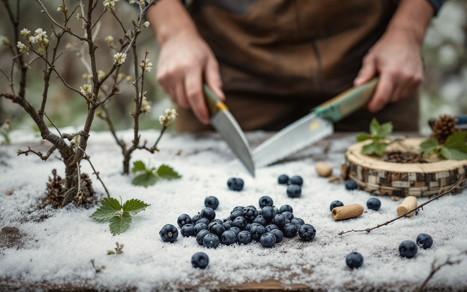 Hands holding two knives over blueberries scattered on a snow-dusted table