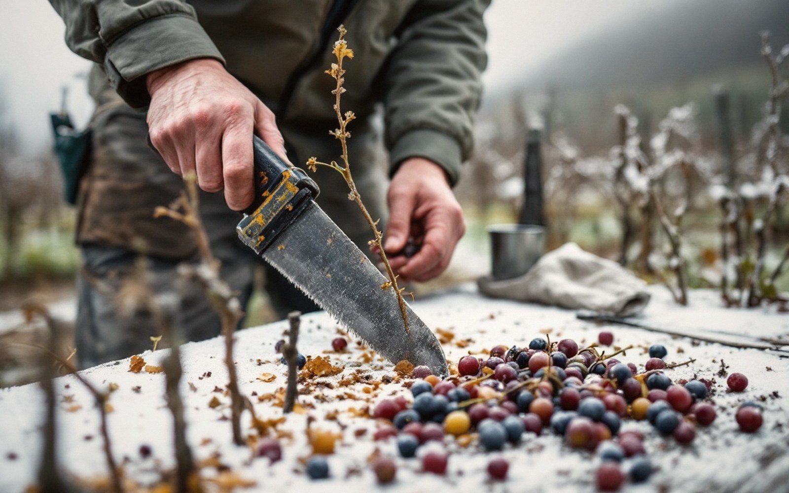 A worker uses a serrated knife to trim vines beside frost-covered grapes on a table