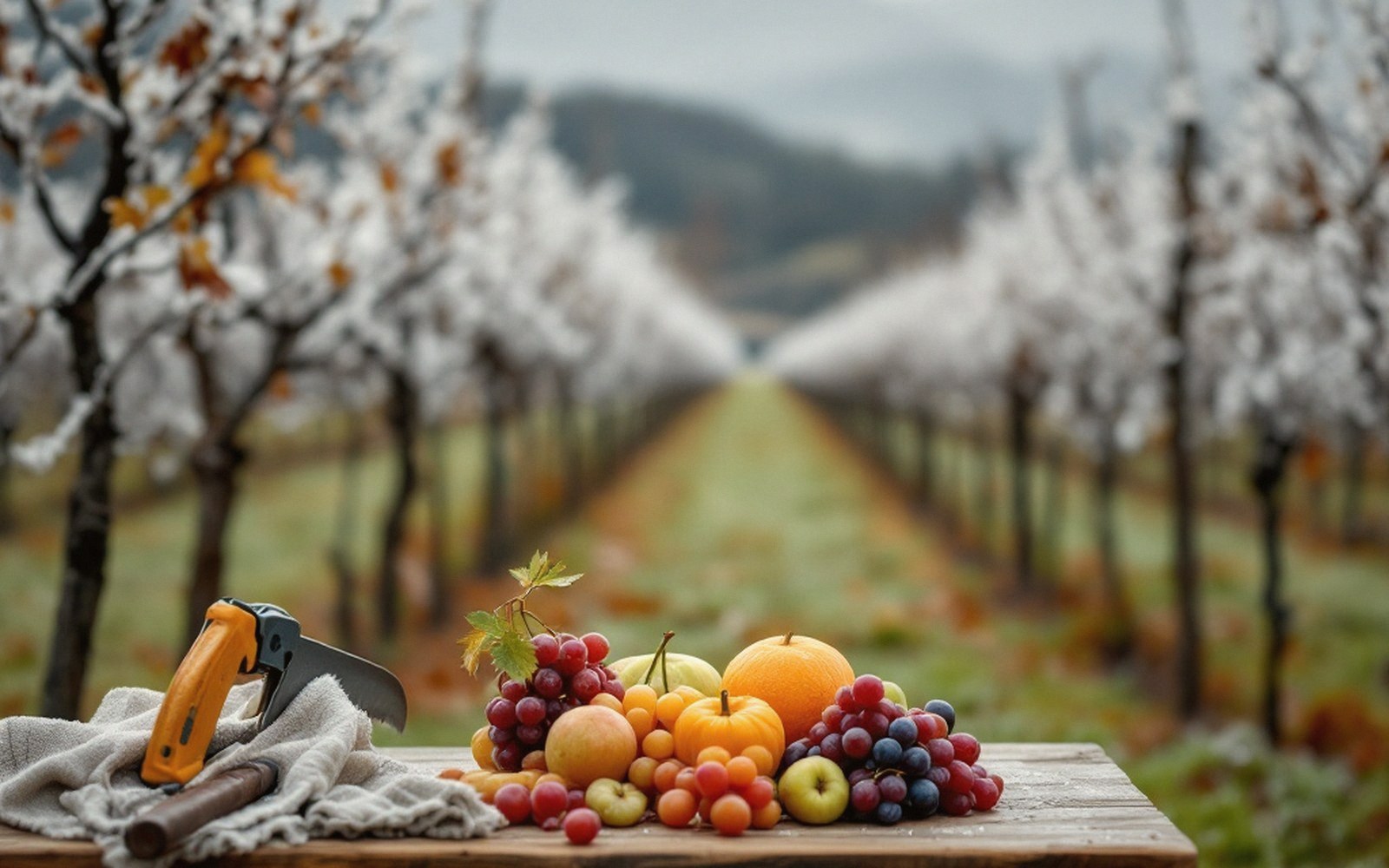 Grapes, apricots, and apples on a wooden table beside a pruning saw in an orchard