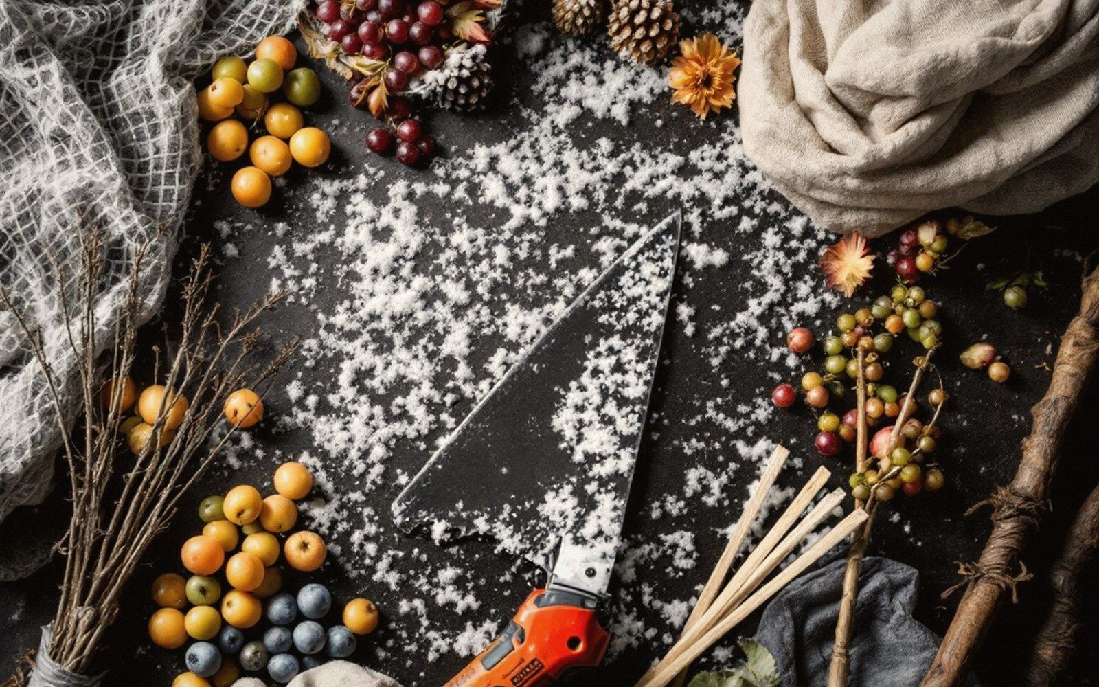 A pruning knife rests amid scattered snow, berries, grapes and cloth on a dark surface