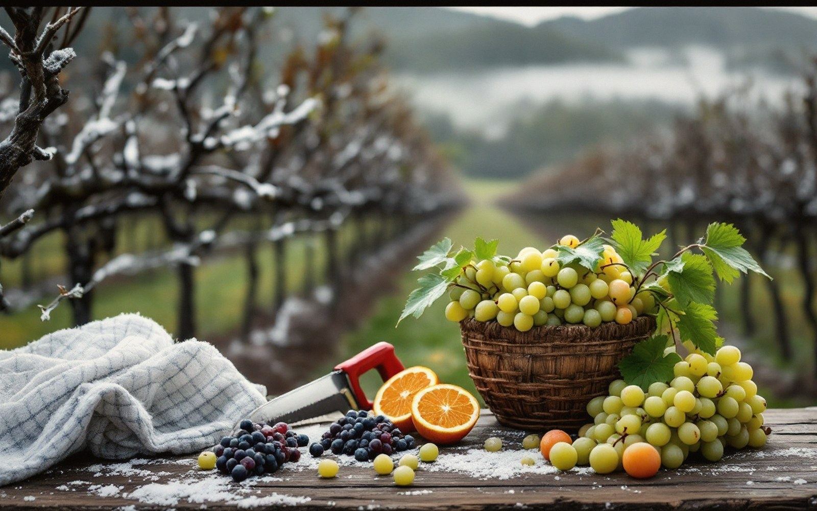 Basket of grapes with sliced oranges and pruning shears on a vineyard table