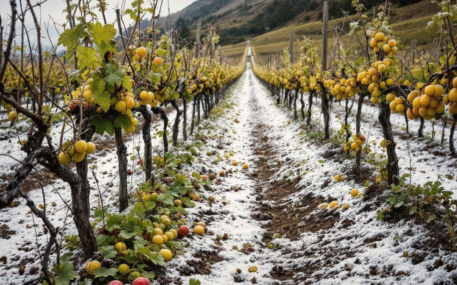 Rows of yellow grape clusters on vines lining a snow-dusted vineyard path