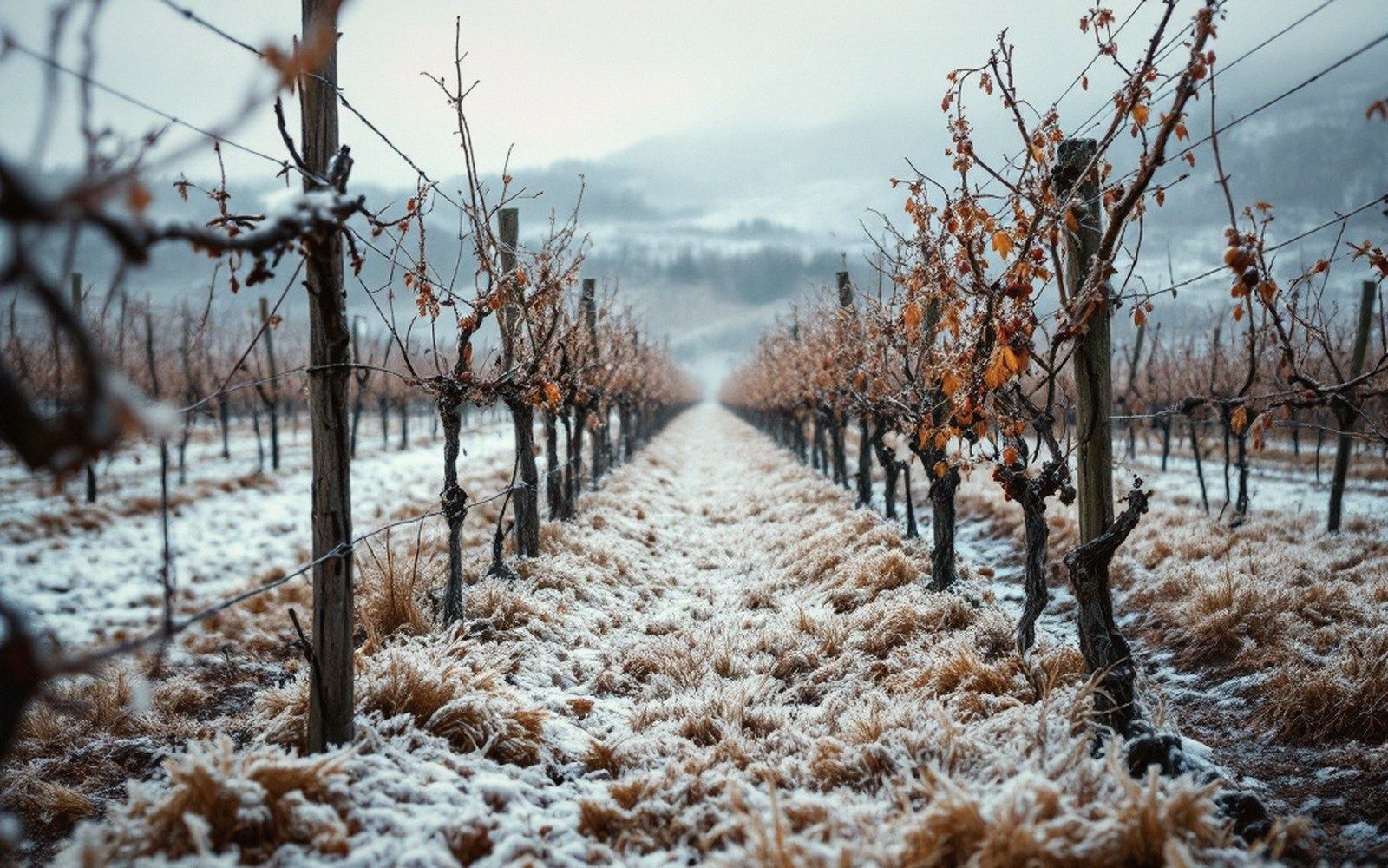 Rows of bare vineyard vines with dried leaves stretch toward misty hills dusted with snow