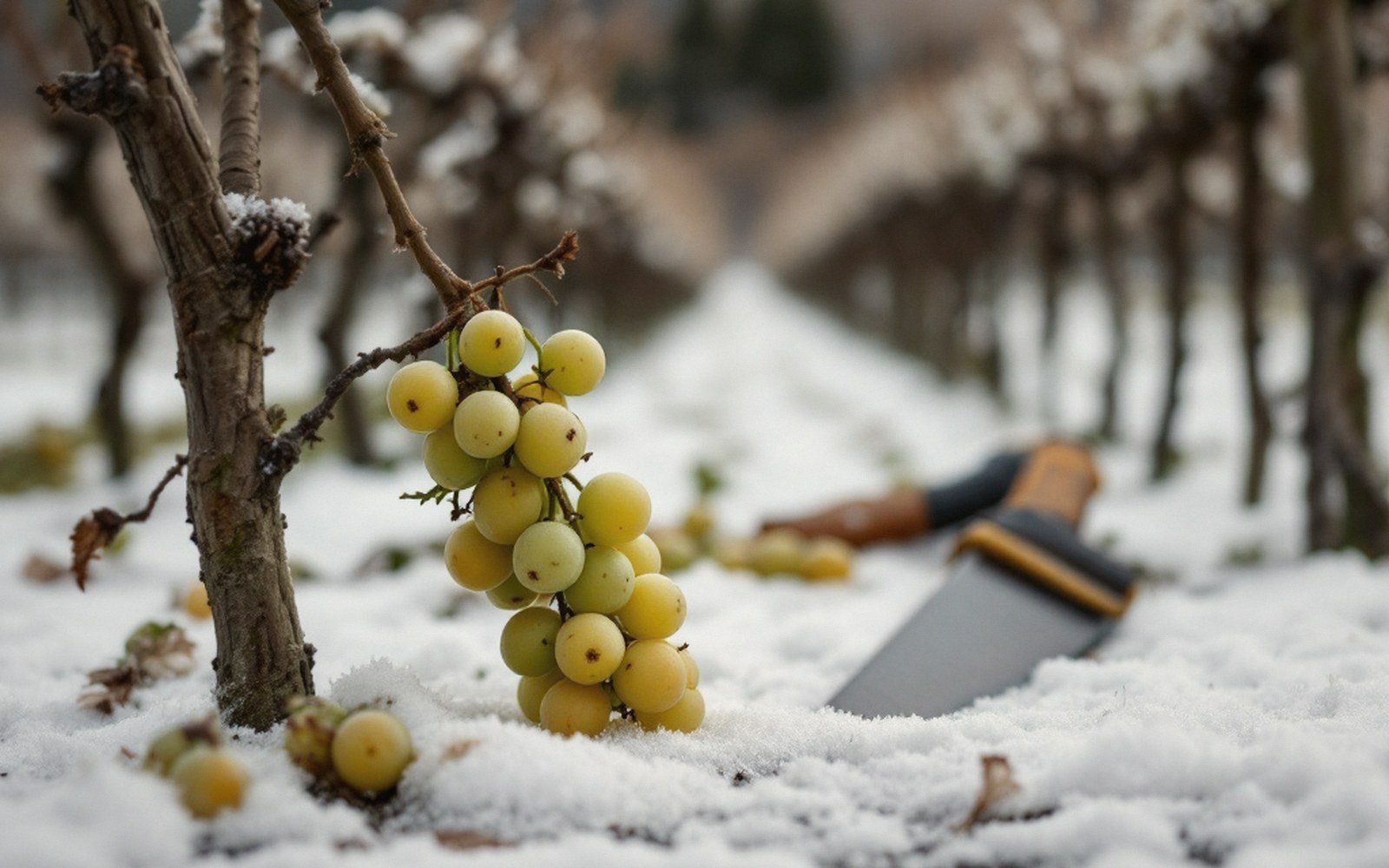 Frozen grape cluster hangs on a vine in a snow-covered vineyard beside a knife