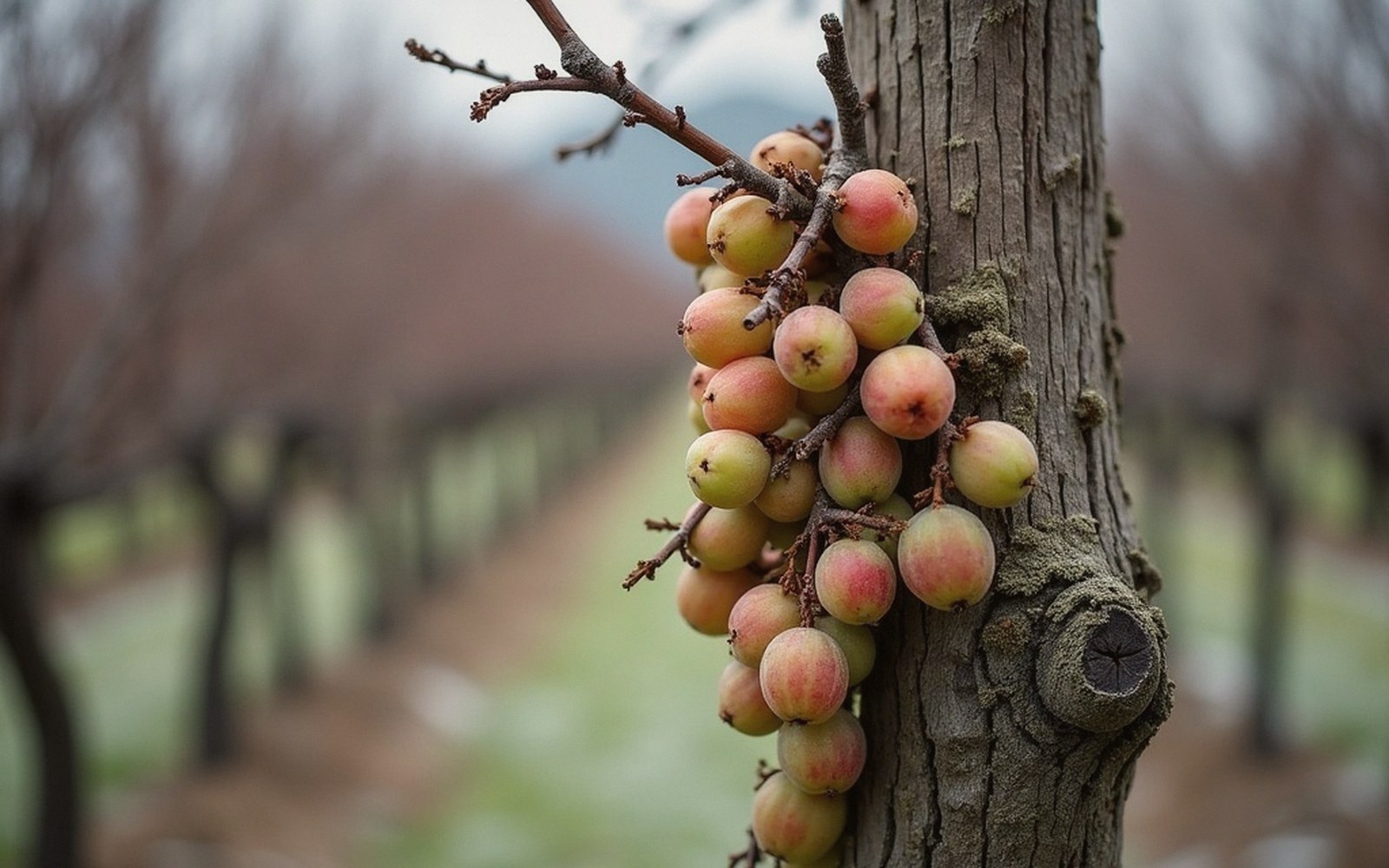 A cluster of pink-tinged grapes clings to a bare vine in an orchard row