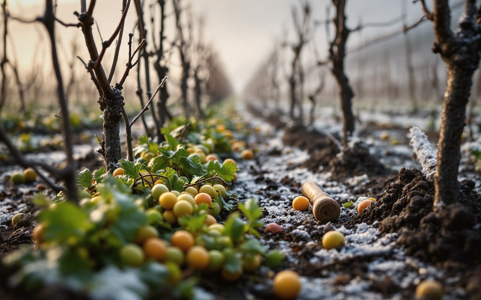 Frost-damaged grapes scattered on frost-covered vineyard soil between bare vine rows