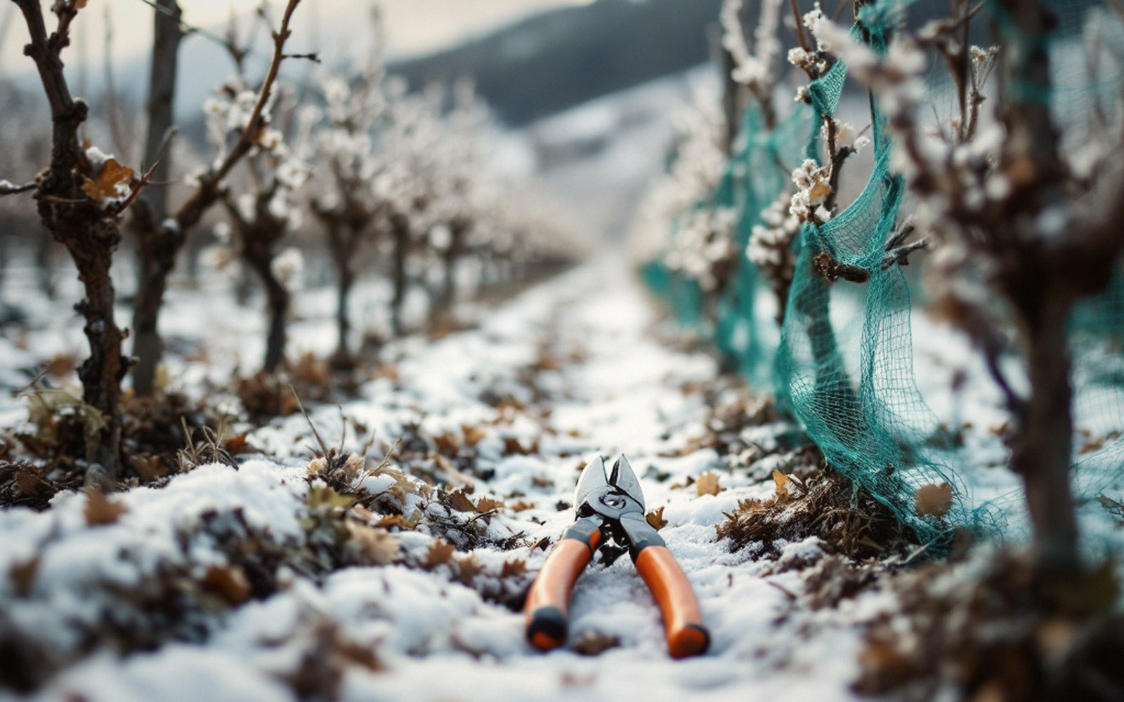 A pruning saw and secateurs on frozen ground